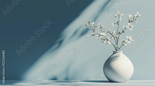 A clear glass vase is filled with delicate white flowers and green stems,