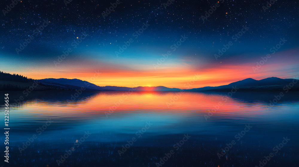 Sunset over serene lake reflecting colorful sky in a tranquil natural landscape Sunset over serene lake reflecting colorful sky in a tranquil natural landscape