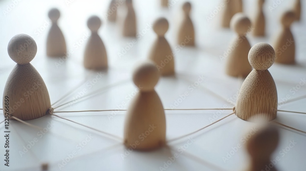 Obraz premium Network concept with wooden figures connected on a white surface symbolizing human resources strategy and management