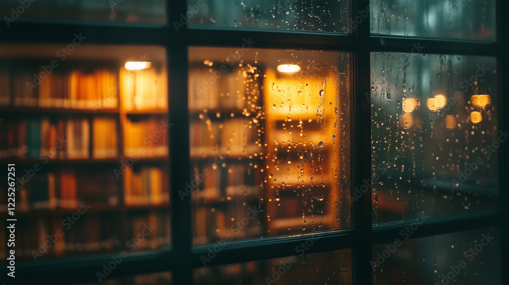 Fototapeta premium 雨の窓越しに見える温かい図書館