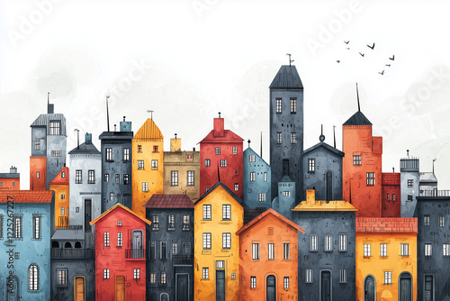 Colorful illustration of cityscape with tall, colorful buildings and a few birds flying in the sky. photo