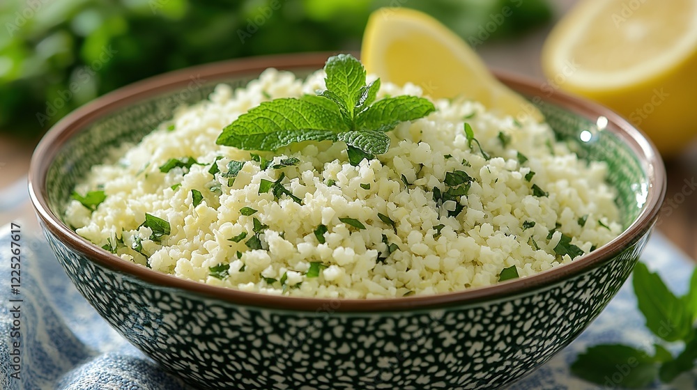 Fresh herb couscous bowl, lemon, mint garnish, wooden table background; healthy food recipe Fresh herb couscous bowl, lemon, mint garnish, wooden table background; healthy food recipe