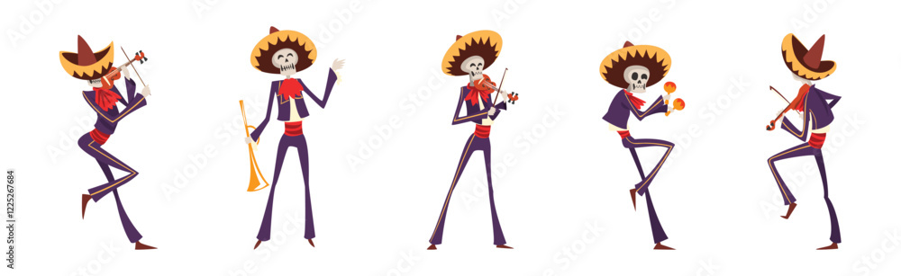 Skeleton Bony Character as Mexican Musician Play Musical Instrument Vector Set Skeleton Bony Character as Mexican Musician Play Musical Instrument Vector Set