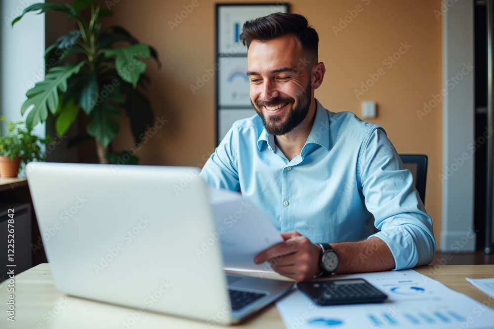 A Smiling Man in a Light Blue Shirt Works at a Desk with a Laptop, Papers, and a Calculator in a Bright Office Space Surrounded by Indoor Plants and Artwork A Smiling Man in a Light Blue Shirt Works at a Desk with a Laptop, Papers, and a Calculator in a Bright Office Space Surrounded by Indoor Plants and Artwork