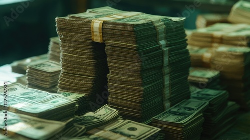 A close-up view of neatly stacked bundles of cash arranged on a wooden table.