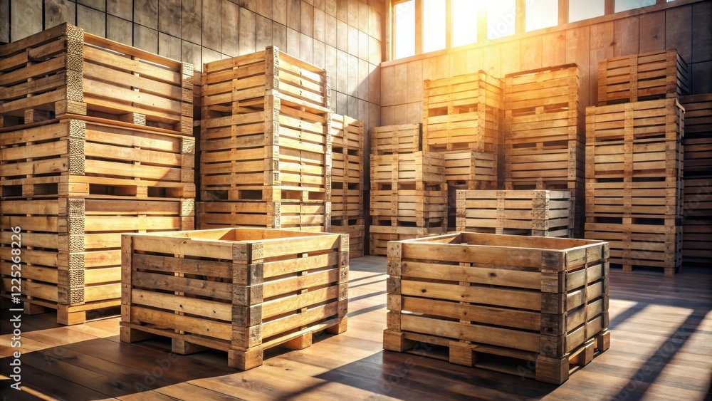 Sunlit Warehouse Filled with Stacked Wooden Crates Ready for Shipment Sunlit Warehouse Filled with Stacked Wooden Crates Ready for Shipment