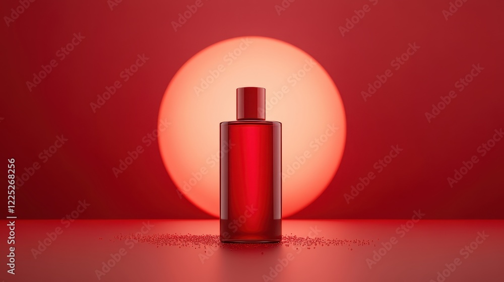 Red bottle on a smooth surface with bold circular background glow Red bottle on a smooth surface with bold circular background glow