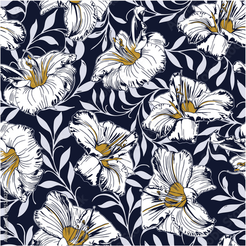 Abstract, blooming bright floral arrangement, textile design all over with blue and white tones, vector illustration