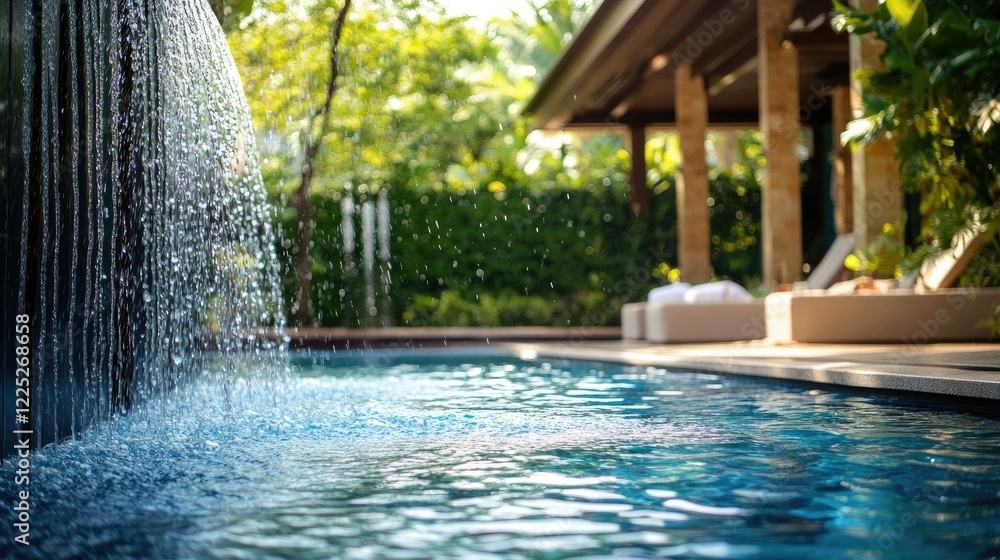 A tranquil pool scene featuring a gentle waterfall cascading into clear blue water. A tranquil pool scene featuring a gentle waterfall cascading into clear blue water.