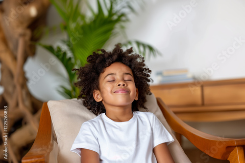 Happy Boy Relaxing in Wooden Chair Indoor Portrait photo