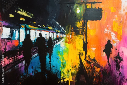 Urban nightlife scene with colorful abstract painting of train station, silhouettes of people walking, and vibrant light reflections on wet pavement. photo