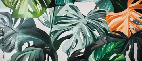 Tropical leaves with a modern design for home decor, illustrating natures beauty in interior spaces. Wallpaper, art, and botanical themes for relaxation. photo