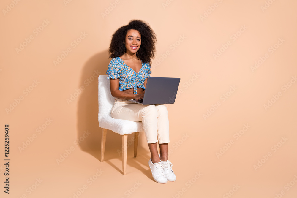 Full length photo of shiny attractive lady dressed blue blouse chatting instagram twitter telegram facebook empty space isolated beige color background Full length photo of shiny attractive lady dressed blue blouse chatting instagram twitter telegram facebook empty space isolated beige color background