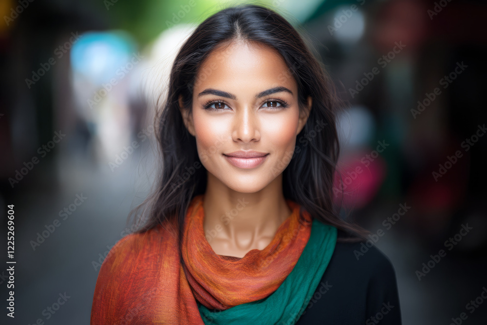 Obraz premium Portrait of a woman smiling on a vibrant street in a bustling market during the day