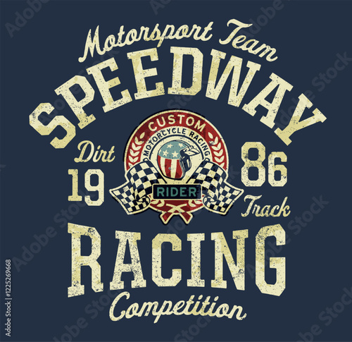 Speedway motorsport dirt track team racing competition vintage vector print for boy kid shirt sweatshirt grunge effect in separate layers
