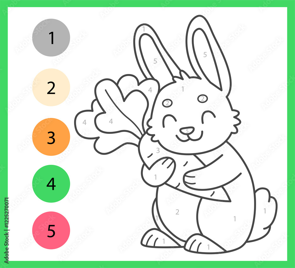 Fototapeta premium Color by numbers coloring book for kids with cute rabbit with carrot. Coloring page with cartoon bunny.