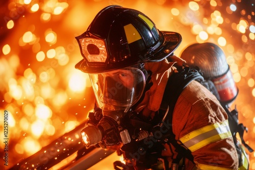 A firefighter descending a ladder from a burning building, their gear and determination highlighting their heroic career