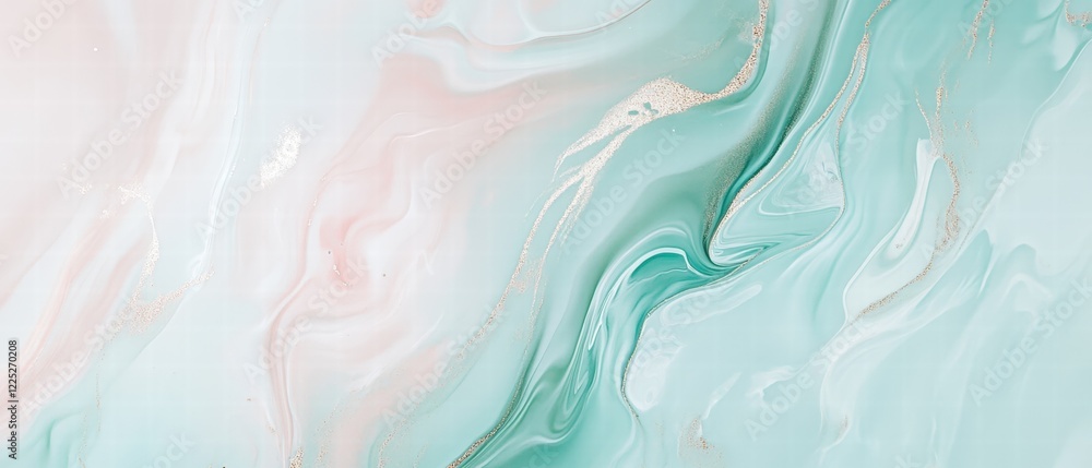 Texture of fluid abstract art with soft mint green and pastel pink swirls. Background suitable for digital designs, wallpaper, brochures, or online marketing materials.
