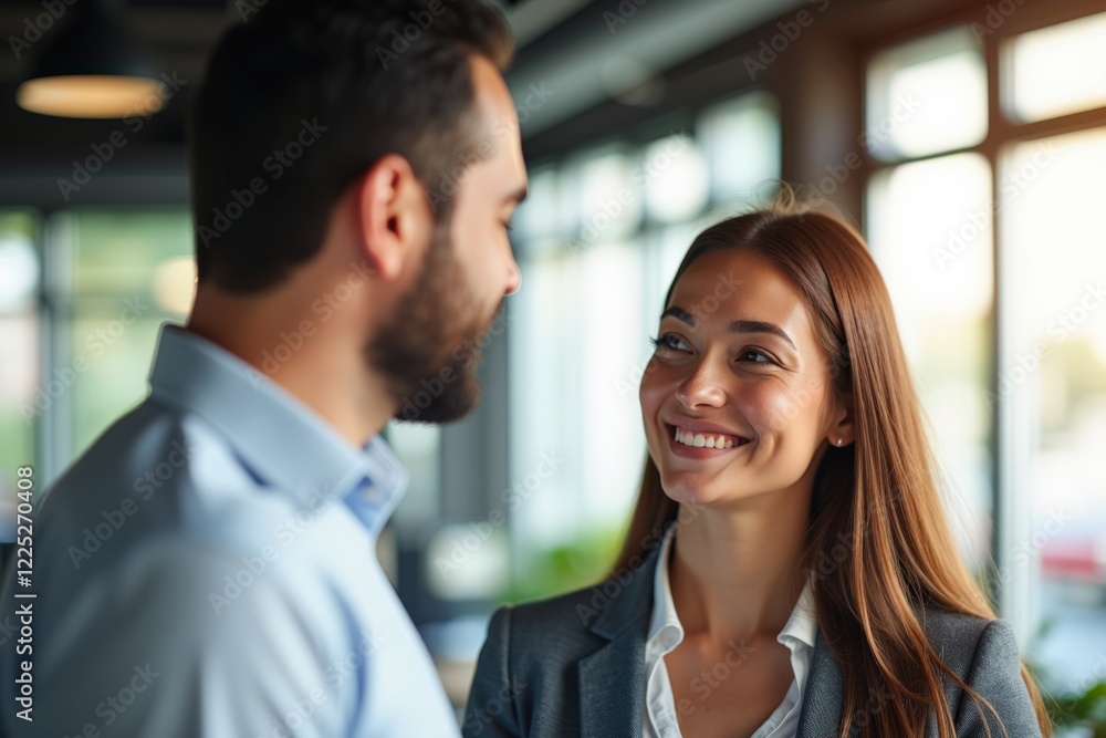 A Professional Interaction: Young Businessman and Businesswoman Engaging in an Open Dialogue in a Modern Office Setting with Natural Light and Relaxed Environment A Professional Interaction: Young Businessman and Businesswoman Engaging in an Open Dialogue in a Modern Office Setting with Natural Light and Relaxed Environment