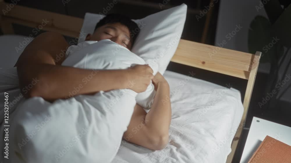 Young chinese man sleeping comfortably in a cozy bedroom, holding a pillow and wrapped in white blankets under soft lighting inside an interior home environment Young chinese man sleeping comfortably in a cozy bedroom, holding a pillow and wrapped in white blankets under soft lighting inside an interior home environment