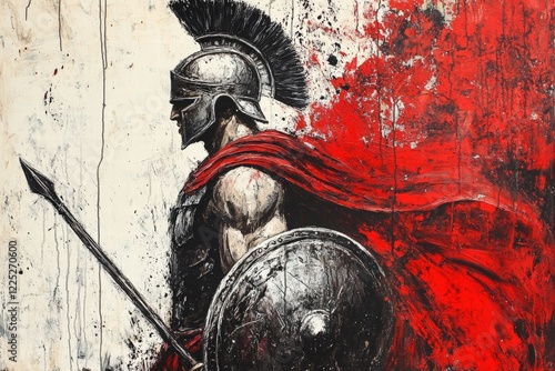 Spartan warrior with shield and spear in artistic representation, showcasing historical strength, courage, and ancient battle imagery in vibrant red and black colors.