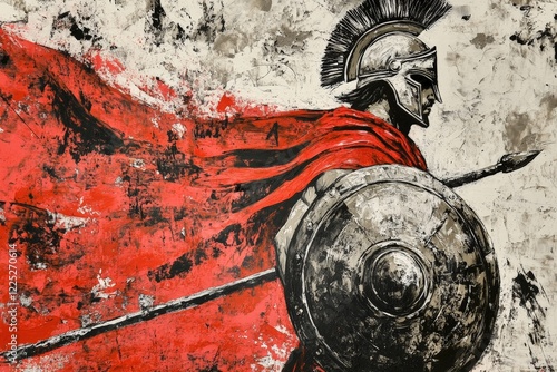 Spartan warrior in battle armor holding a shield and spear, dramatic red cape flowing, symbolizing strength, courage, and ancient military history in art.