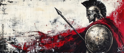 Spartan warrior in polished armor holding spear and shield, showcasing ancient military strength and courage in a dramatic artistic background with bold colors.