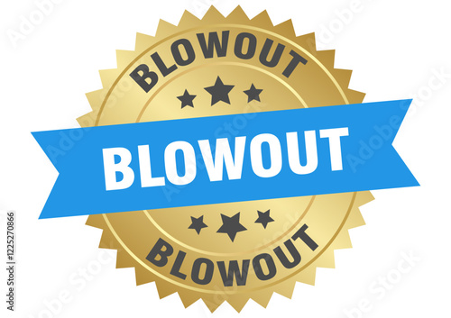 blowout. blowout round blue and gold label isolated on transparent background