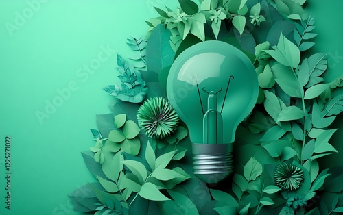 Creative paper art of a light bulb with flourishing green nature, renewable energy concept, pastelcolored background, save energy theme, generative AI, ultradetailed, 8K resolution photo