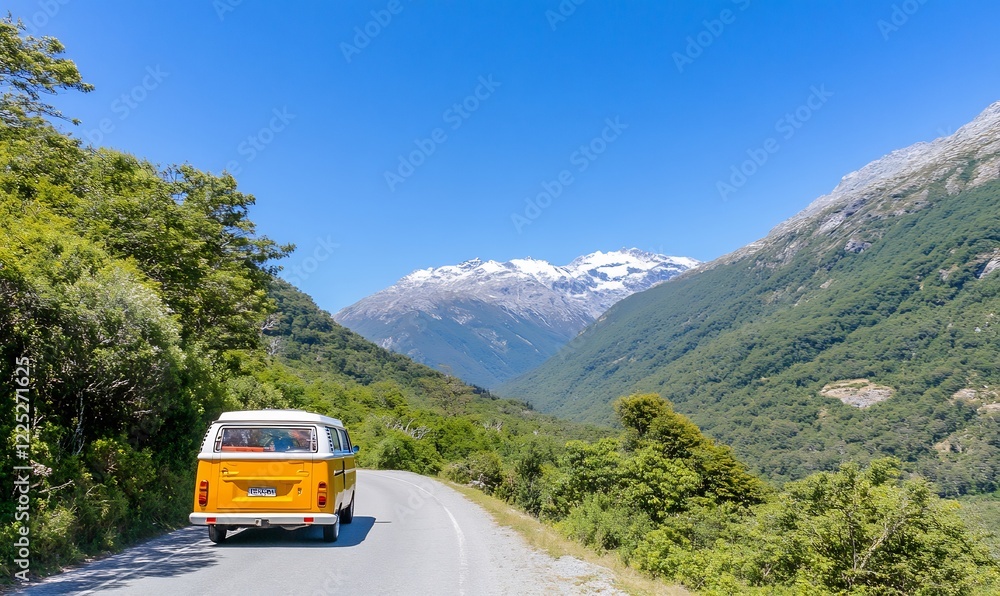 Van road trip, mountains, New Zealand, summer Van road trip, mountains, New Zealand, summer