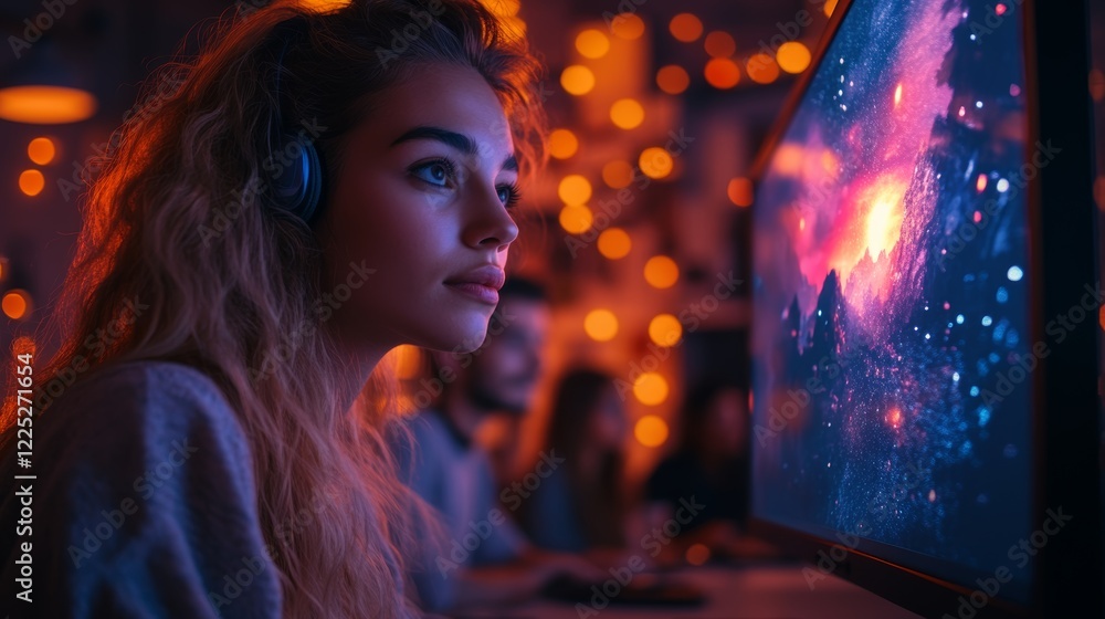 Young Adult Woman Immersed in Cosmic Imagery With a Vibrant Background Young Adult Woman Immersed in Cosmic Imagery With a Vibrant Background