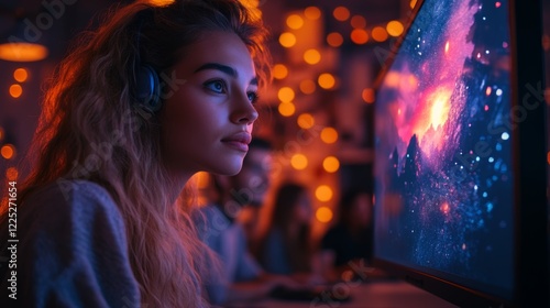 Young Adult Woman Immersed in Cosmic Imagery With a Vibrant Background