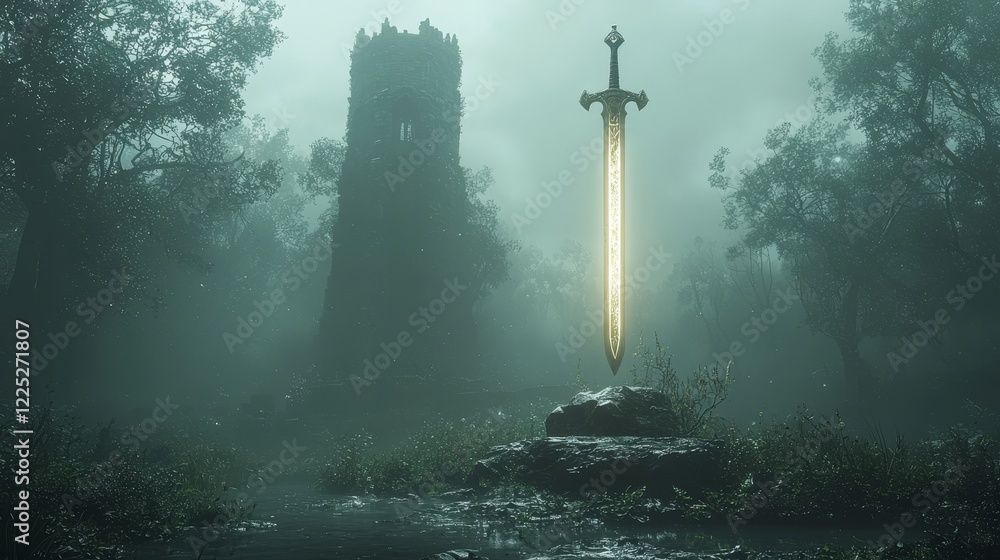 Naklejka premium A mystical sword standing upright surrounded by dense fog near an ancient, crumbling tower, emitting a soft golden glow