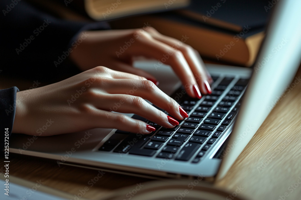 Hands typing on laptop keyboard with red nails focused on computer work and writing Hands typing on laptop keyboard with red nails focused on computer work and writing