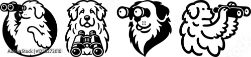 Illustrations Vectorielles Ludiques de Chiens de Montagne Observant avec des Jumelles