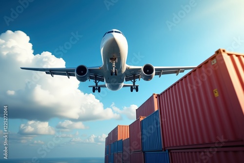 A Cargo Aircraft in Flight Over Colorful Shipping Containers Against a Bright Sky: A Symbol of Global Trade and Logistics Operations photo