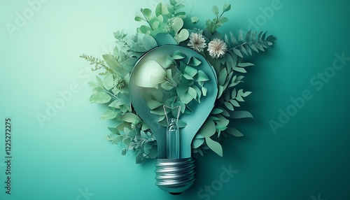 Green nature growing inside a paper art light bulb, renewable energy concept, save energy creative idea, pastel background, generative AI design, soft glowing effect, 8K ultraHD photo