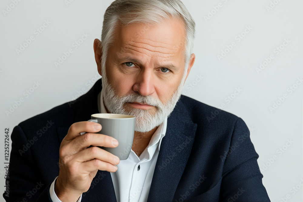 Coffee mug held by a handsome man enjoying coffee in a stylish setting Coffee mug held by a handsome man enjoying coffee in a stylish setting