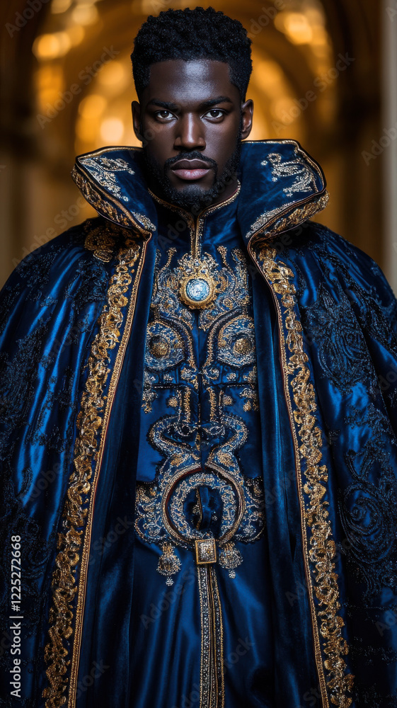 Naklejka premium Man with regal posture in a sapphire velvet cape, surrounded by royal opulence