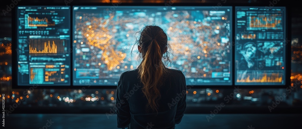 A Young Adult Woman Analyzing Data on Multi-Screen Setup in Control Room Environment A Young Adult Woman Analyzing Data on Multi-Screen Setup in Control Room Environment