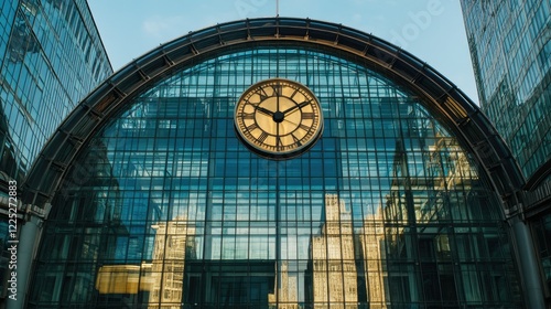 A modern architectural detail featuring a series of curved glass facades against a clear blue sky.