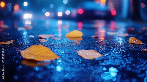 Rainy Night Cityscape: Autumn Leaves on Wet Asphalt