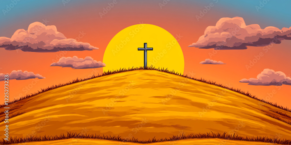 Obraz premium Sunrise Over Hill with Golden Cross - Ideal for Religious Serenity and Inspirational Backgrounds