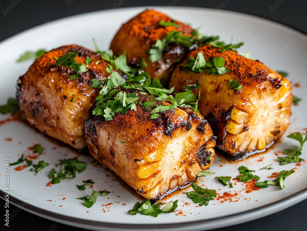 Grilled corn on plate garnished with spices and herbs Grilled corn on plate garnished with spices and herbs
