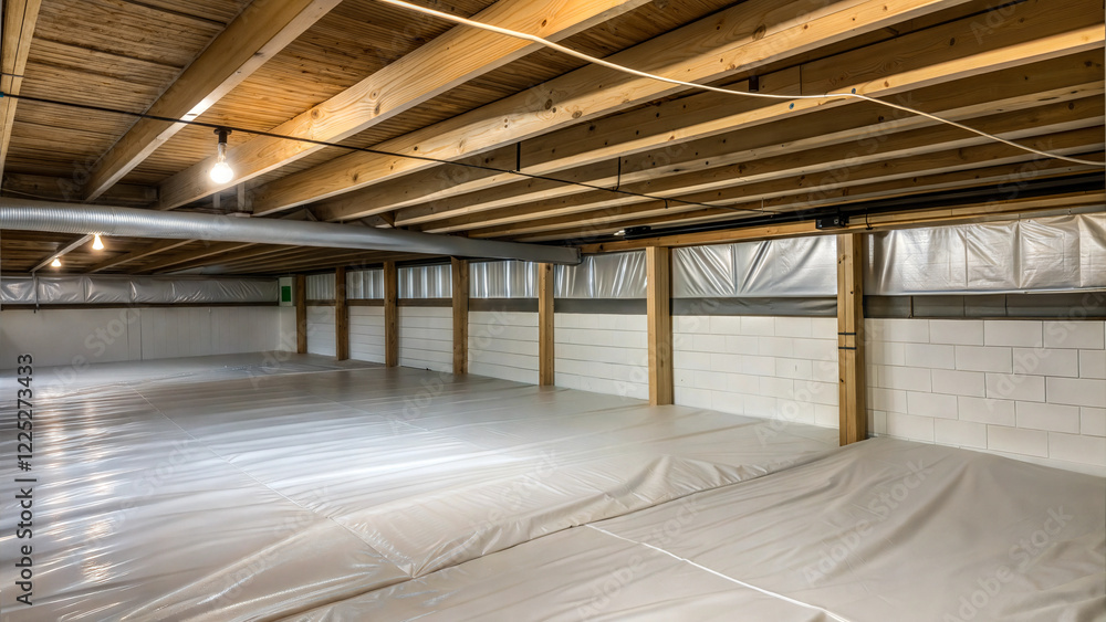 Crawl Space with Vapor Barrier, Beams, and Insulation for Effective Moisture Control Crawl Space with Vapor Barrier, Beams, and Insulation for Effective Moisture Control