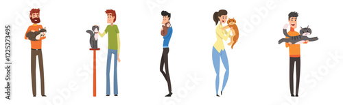 Pet Owner Man and Woman Character with Their Animal Vector Set