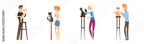 Pet Owner Man and Woman Character with Their Animal Vector Set