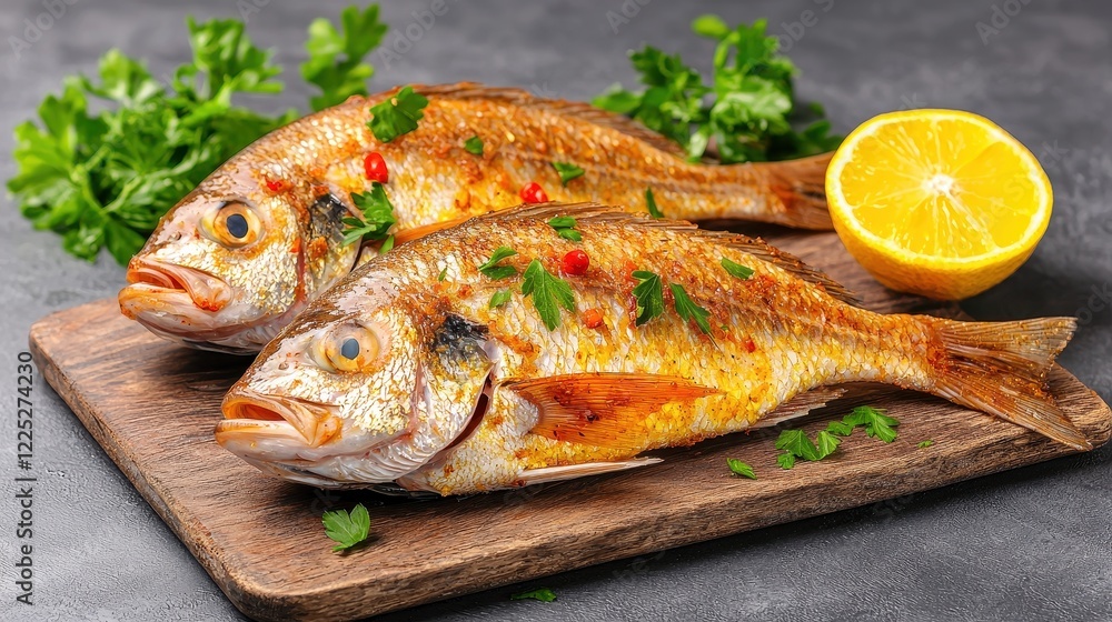 Freshly Grilled Fish Garnished with Herbs and Lemon on Wooden Cutting Board Freshly Grilled Fish Garnished with Herbs and Lemon on Wooden Cutting Board