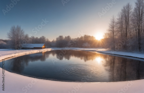 Winter country landscape with house at lake water pond photo