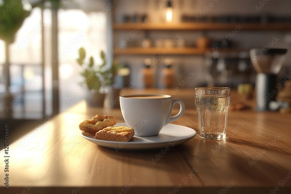 Fototapeta premium A trendy coffee shop interior with a beautifully presented cup of black coffee on a sleek wooden table. The cup is accompanied by a small glass of sparkling water and a minimalist plate of biscotti.